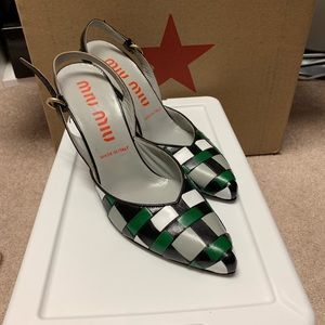 Miu Miu Green and White Gingham Slingback Pump